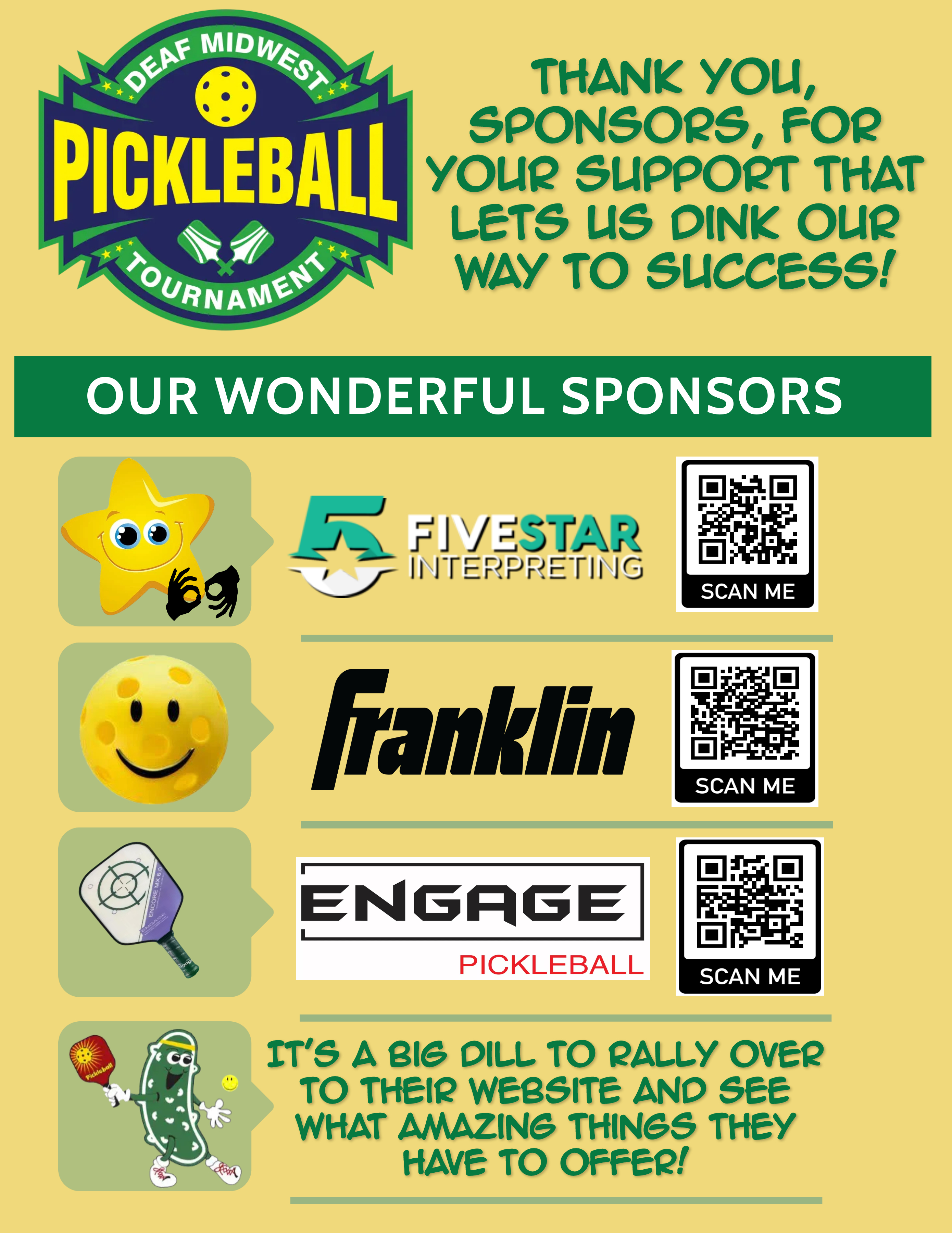 DMPBT Logo. Text: 'Thank you sponsors for your support that lets us dink our way to success. FiveStar Interpreting, Franklin, and Engage. It's a big dill to rally over to their website and see what amazing things they have to offer.'