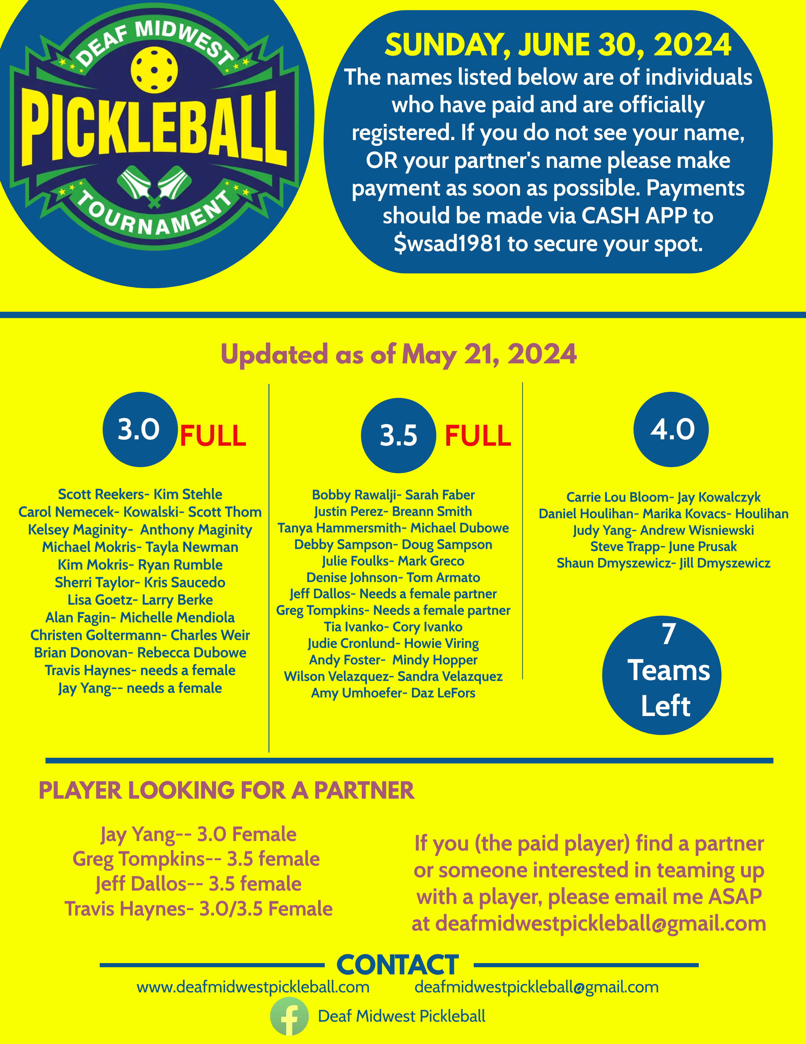 Flyer with Deaf Midwest Pickleball Tourmanet logo. Text include all the info about tournament including location, date, time, and types of events (rotating and fixed mixed partners)